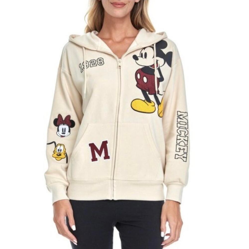 DISNEY Hoodie Ivory Mickey Minnie Fleece Chenille Patch Disneyland Retro | XS